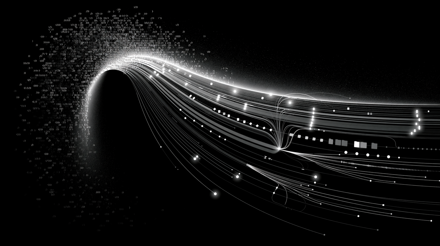Abstract monochrome agent trace flowing from dense terminal marks into branching event paths.