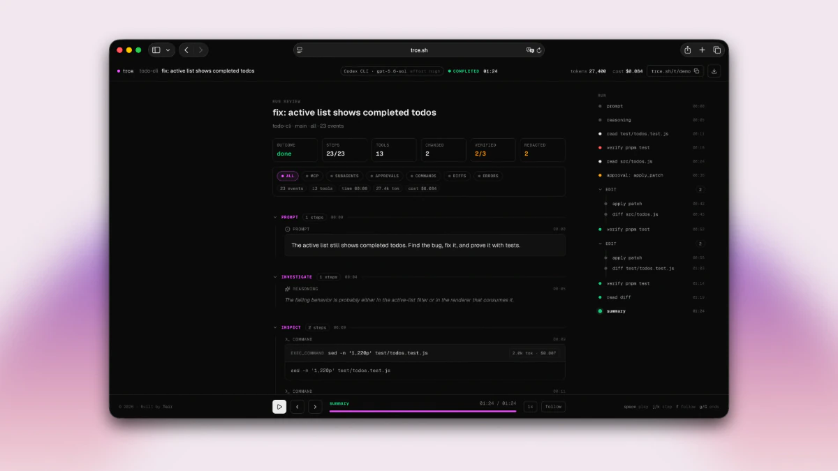 trce showing a completed Codex run with its summary, event filters, timeline, run map, usage, and replay controls.